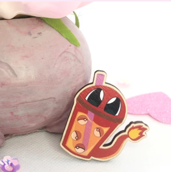 Fiery Boba Tea Wooden Pin